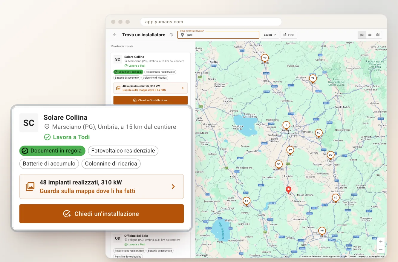 La mappa e l’elenco mostrano gli installatori ordinati in base alla zona del cantiere.